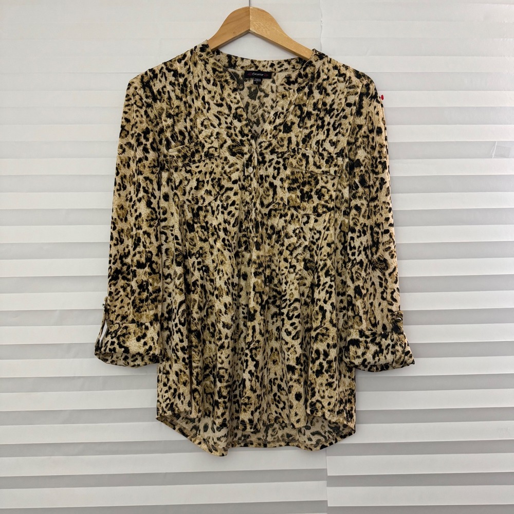 Cocomo Leopard Print Roll Tab Sleeve Pleated Blouse Brown Tan Large Flowy